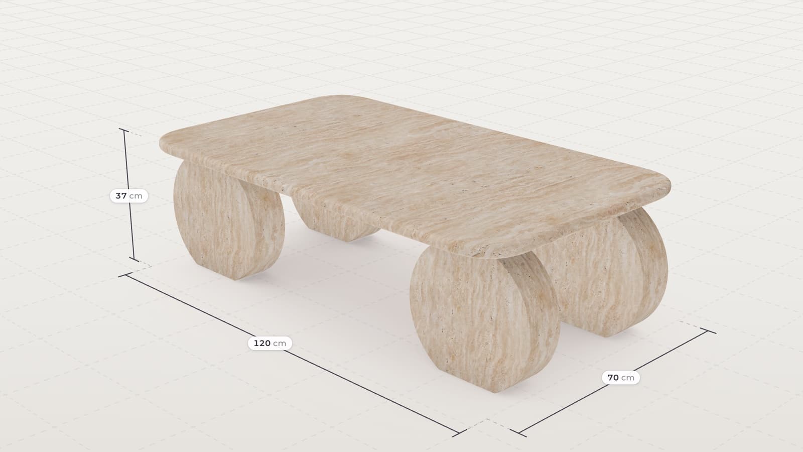 A travertine coffee table in a 3D configurator with its width, depth and height drawn on it