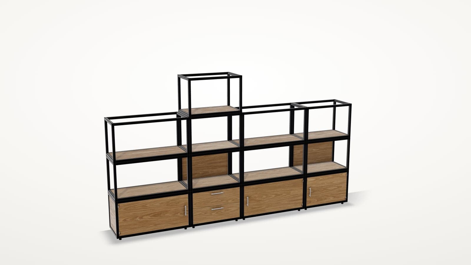 Five shelving walls built in turn from the same steel frames: black with oak, sand with walnut, white with ash, white with coloured drawers, and olive with black oak