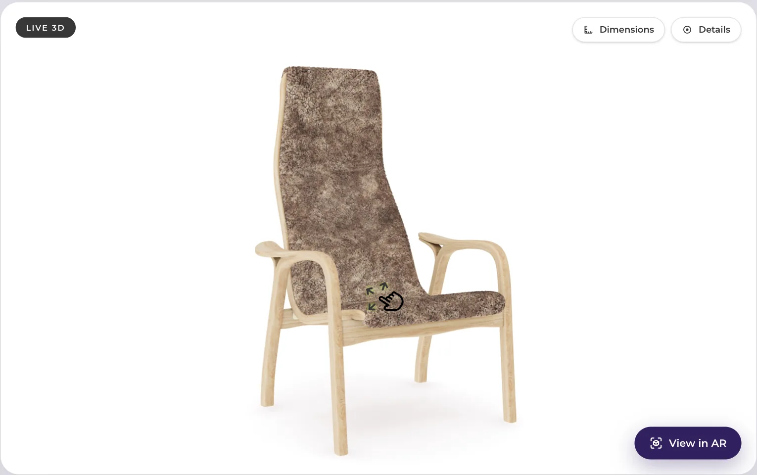 A 3D model of a lounge chair in a web viewer, ready to turn